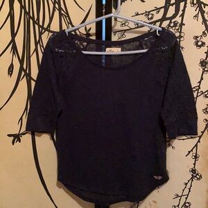 Hollister Women’s Navy Blue French Terry Top W/Lace 3/4 Sleeves & Logo